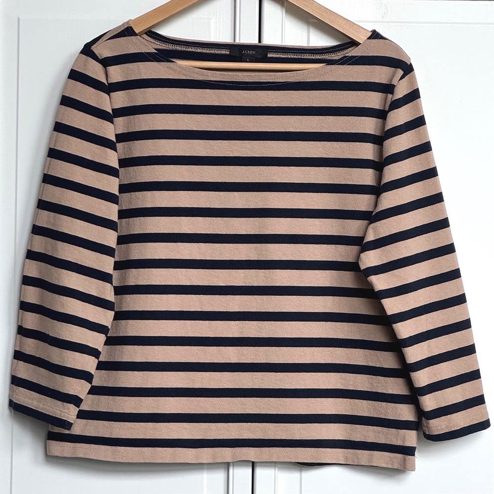 J.Crew Womens Tan Navy Blue Striped Boatneck 3/4 Sleeve Knit Top L 100% cotton